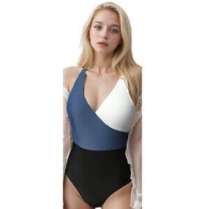 19.🆕Med Color Block Side Tie Swimsuit - Blue, Black and White NWT